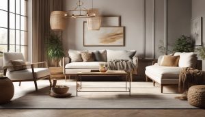 Een comfortabele woonkamer met natuurlijke tinten en gezellig meubilair.