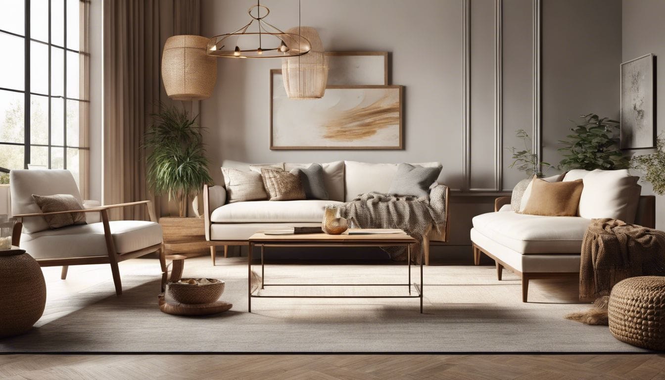 Een comfortabele woonkamer met natuurlijke tinten en gezellig meubilair.