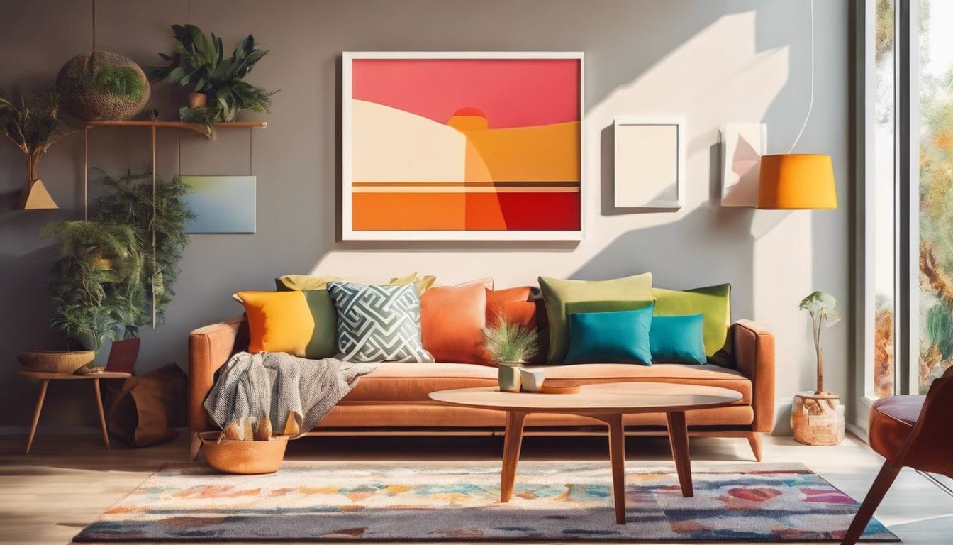 Abstract schilderij met levendige kleuren en patronen in een woonkamer.