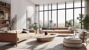 Een comfortabele woonkamer met trendy geluidsabsorberende panelen en modern meubilair.