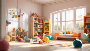 Een blije baby verkent een kleurrijke speelruimte omringd door zachte speelgoed en kussens.