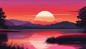 Een vredig landschap met een kleurrijke zonsondergang boven een kalme meer.