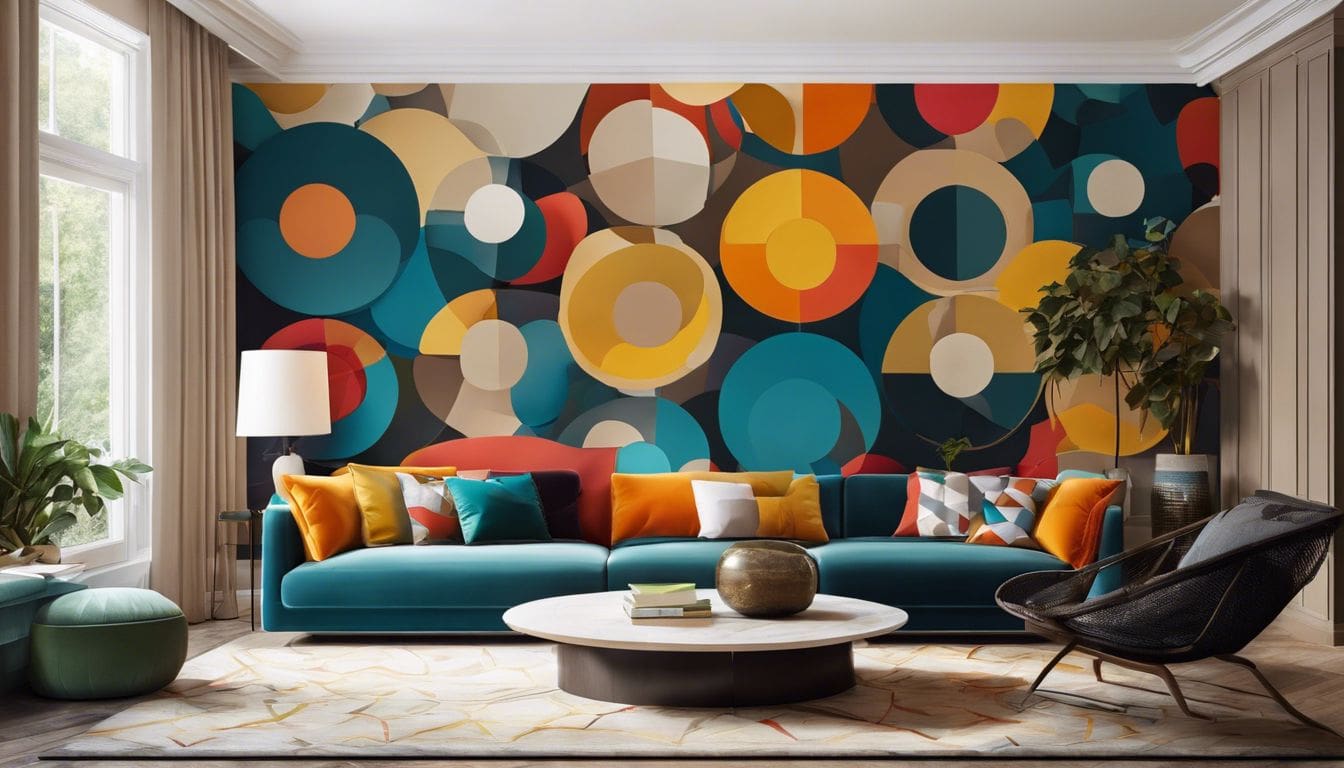 Een kleurrijk en ingewikkeld patroon behang cirkel op een woonkamer muur.