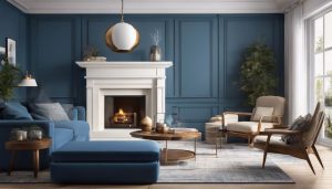 Een gezellige woonkamer met blauwe accentmuur en comfortabel meubilair.