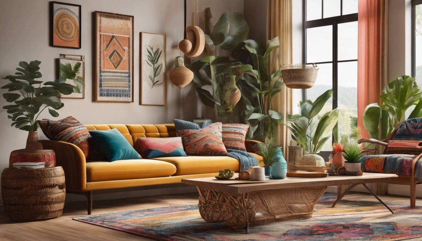 Een comfortabele bohemien woonkamer met levendige kleuren en natuurlijke elementen.
