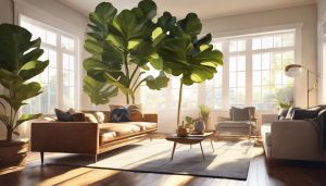 Een hoge, elegante Ficus lyrata boom in een zonnige woonkamer.