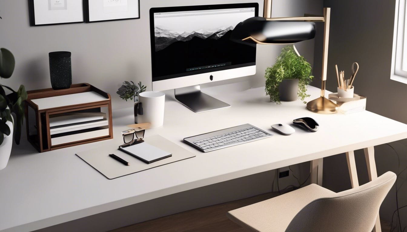 Een stijlvolle werkruimte met een strak bureau en moderne kantoorbenodigdheden.