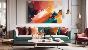 Een kleurrijke abstracte schilderij boven een gezellige woonkamer open haard.