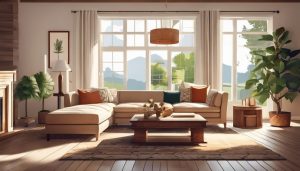 Een comfortabele en uitnodigende woonkamer met volledige meubilair.