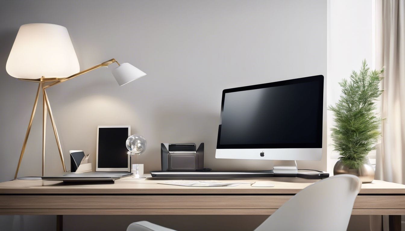 Een stijlvolle computer bureau ge&iuml;ntegreerd in een eigentijdse woonkamer.