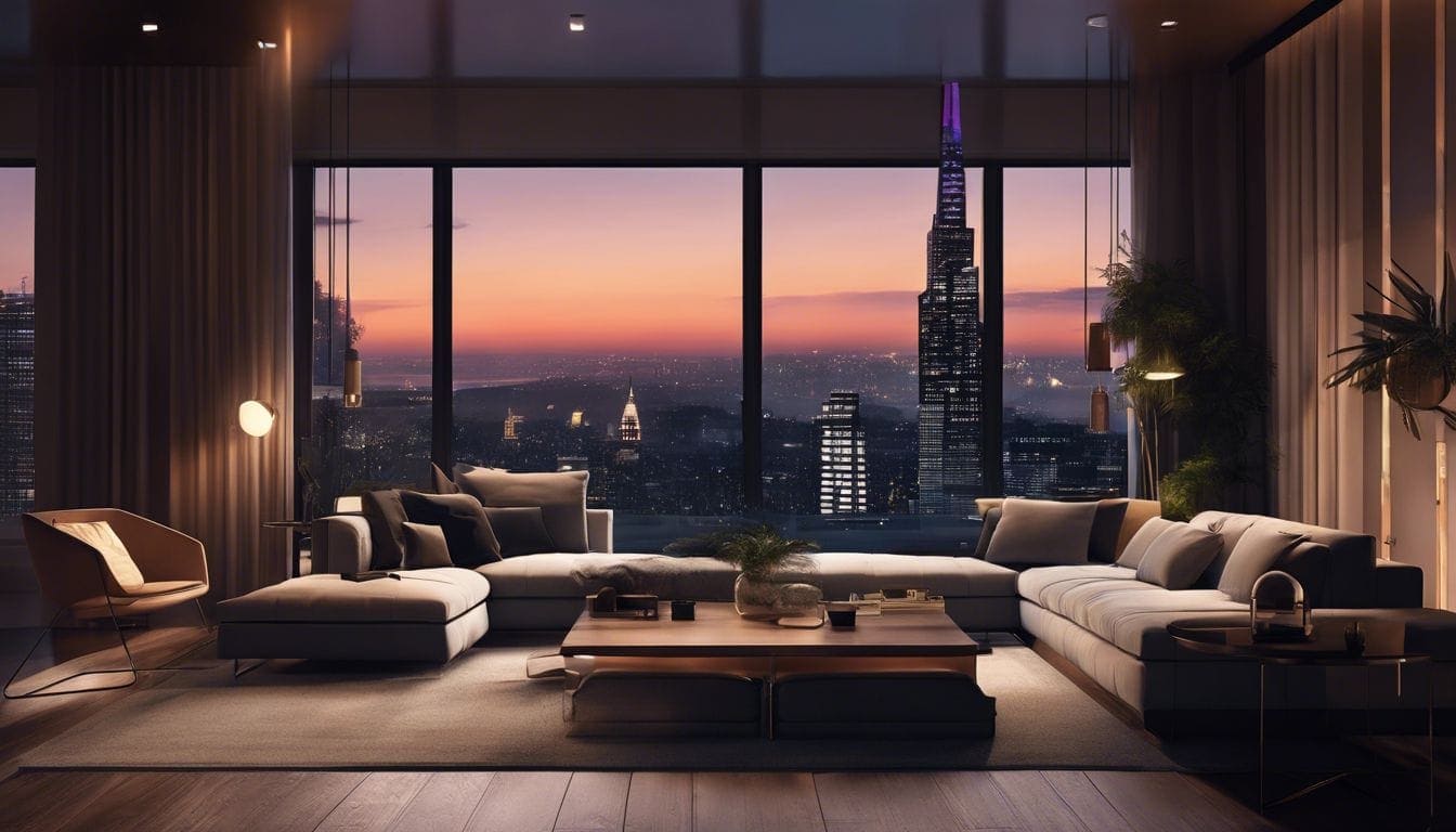 Moderne woonkamer met strak meubilair en minimalistische decoratie.