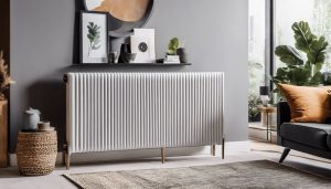 Een moderne design radiator in een stijlvol ingerichte woonkamer.
