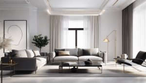 Stijlvolle moderne woonkamer met strakke designmeubels en minimalistische decoratie.