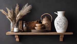 Een rustieke houten plank met stijlvolle huisdecoratie items tegen een donkere muur, met de nadruk op de details van de decoratie en de textuur van het hout, creëert een gezellige en uitnodigende sfeer.