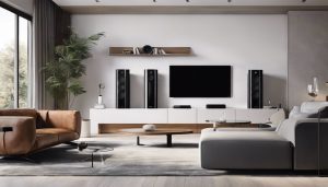 Een moderne, stijlvolle woonkamer met draadloze luidsprekers en eigentijds meubilair.