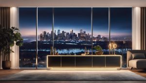 Een strak en modern dressoir in een trendy woonkamer met grote ramen en stadsgezicht bij nacht.