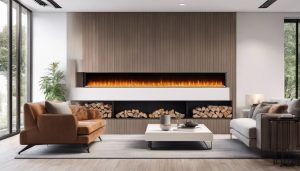 Een comfortabele woonkamer met een moderne elektrische openhaard en gezellig meubilair.