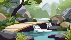 Een rustgevende Zen tuin met zorgvuldig geplaatste stenen en een serene stroom.