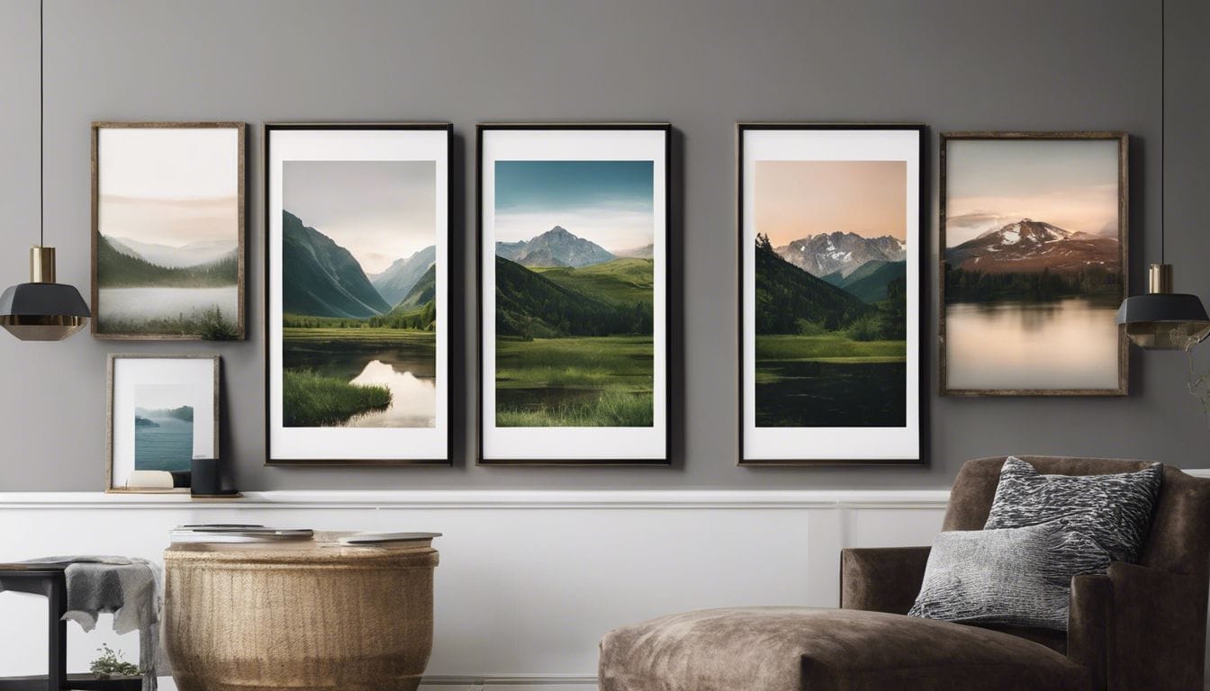 Een galerijmuur met ingelijste landschapsfoto's cre&euml;ert een gevoel van rust en verwondering.