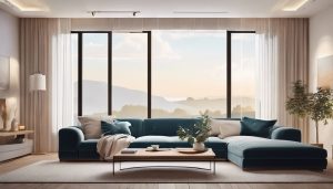 Een comfortabele woonkamer met zachte geluidsdempende gordijnen en gezellig meubilair.