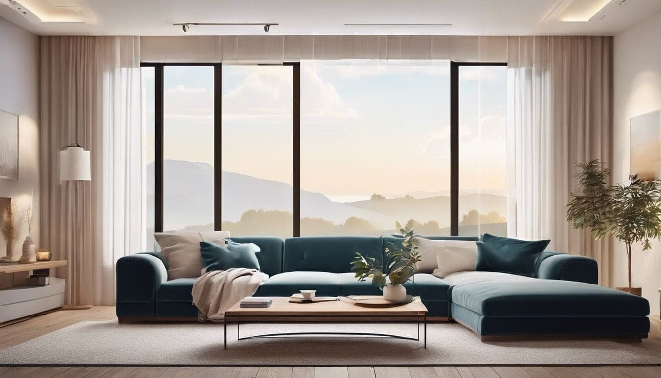 Een comfortabele woonkamer met zachte geluidsdempende gordijnen en gezellig meubilair.