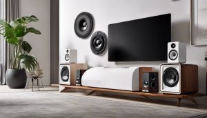 Een moderne geluidsinstallatie in een stijlvolle woonkamer met een strak ontwerp en geavanceerde functies.