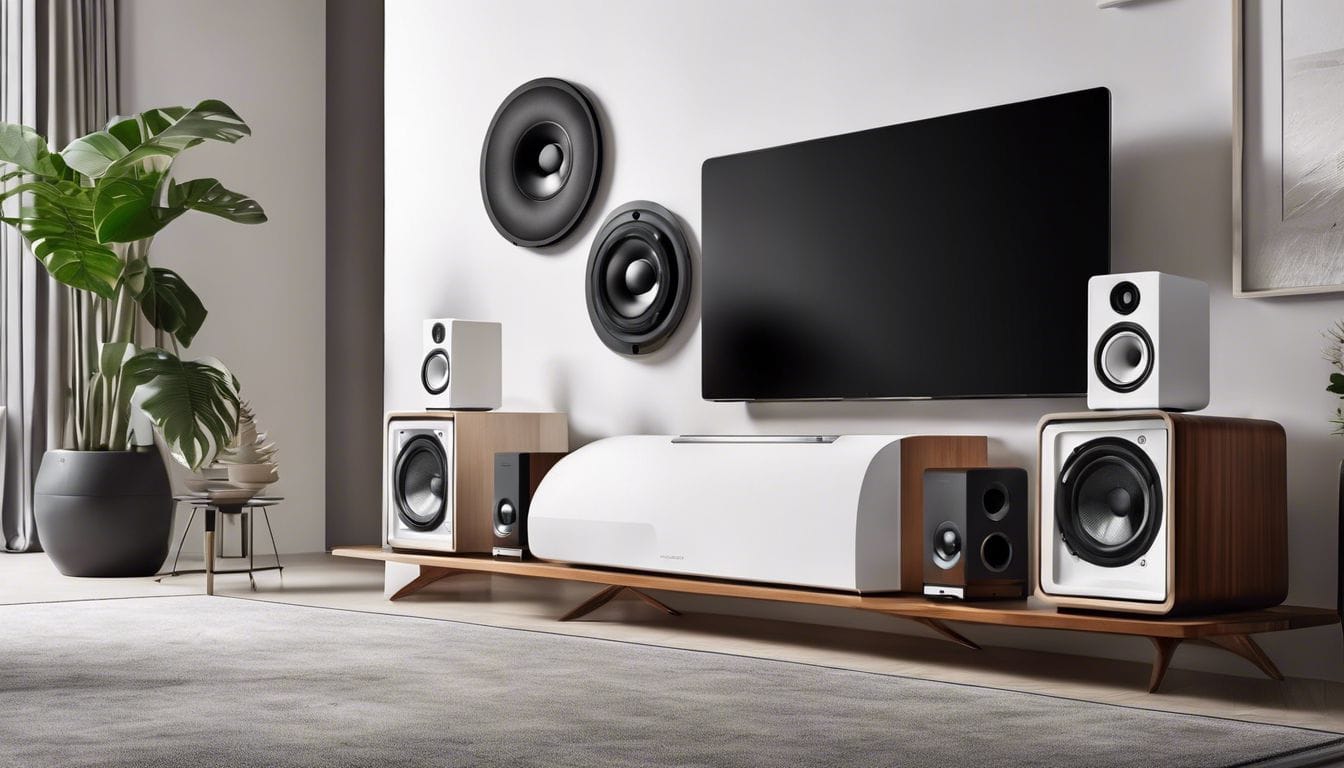 Een moderne geluidsinstallatie in een stijlvolle woonkamer met een strak ontwerp en geavanceerde functies.