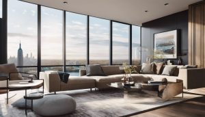 Een eigentijdse woonkamer met aangepaste glazen deur, stadlandschapsfotografie en modern meubilair.