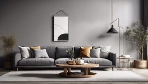 Een comfortabele woonkamer met gezellige meubels en grijze accentmuur.