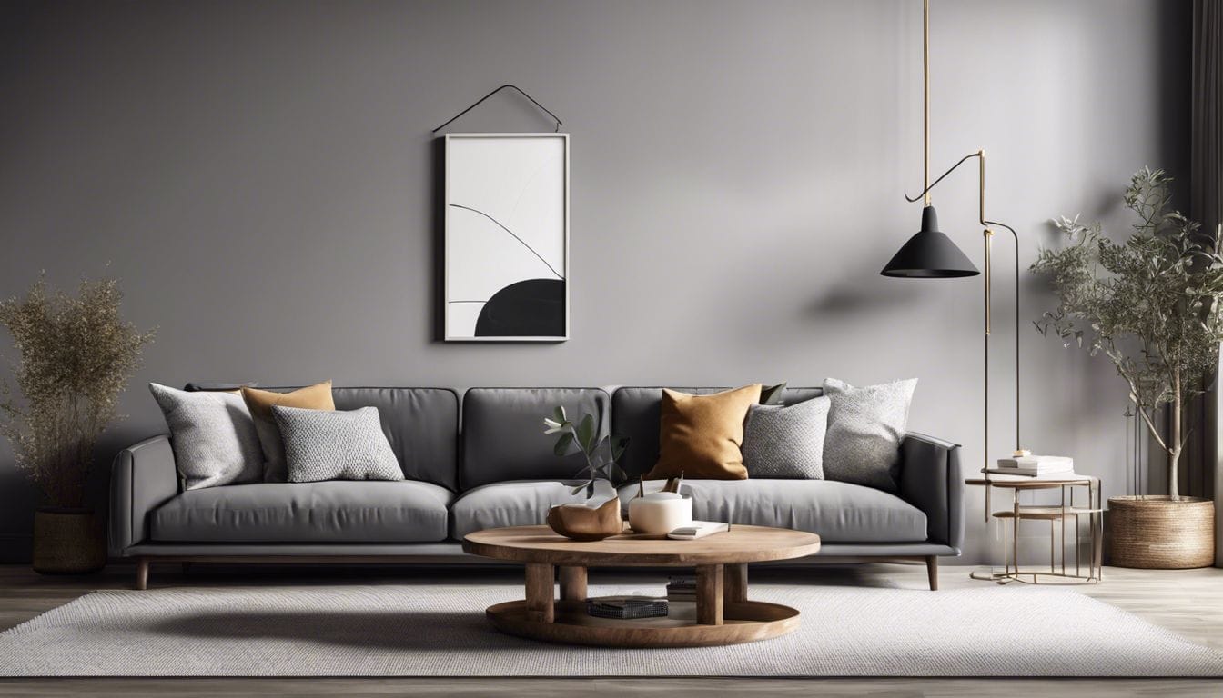 Een comfortabele woonkamer met gezellige meubels en grijze accentmuur.