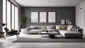 Moderne woonkamer met grijze vloeren, eenvoudig meubilair en moderne kunst.