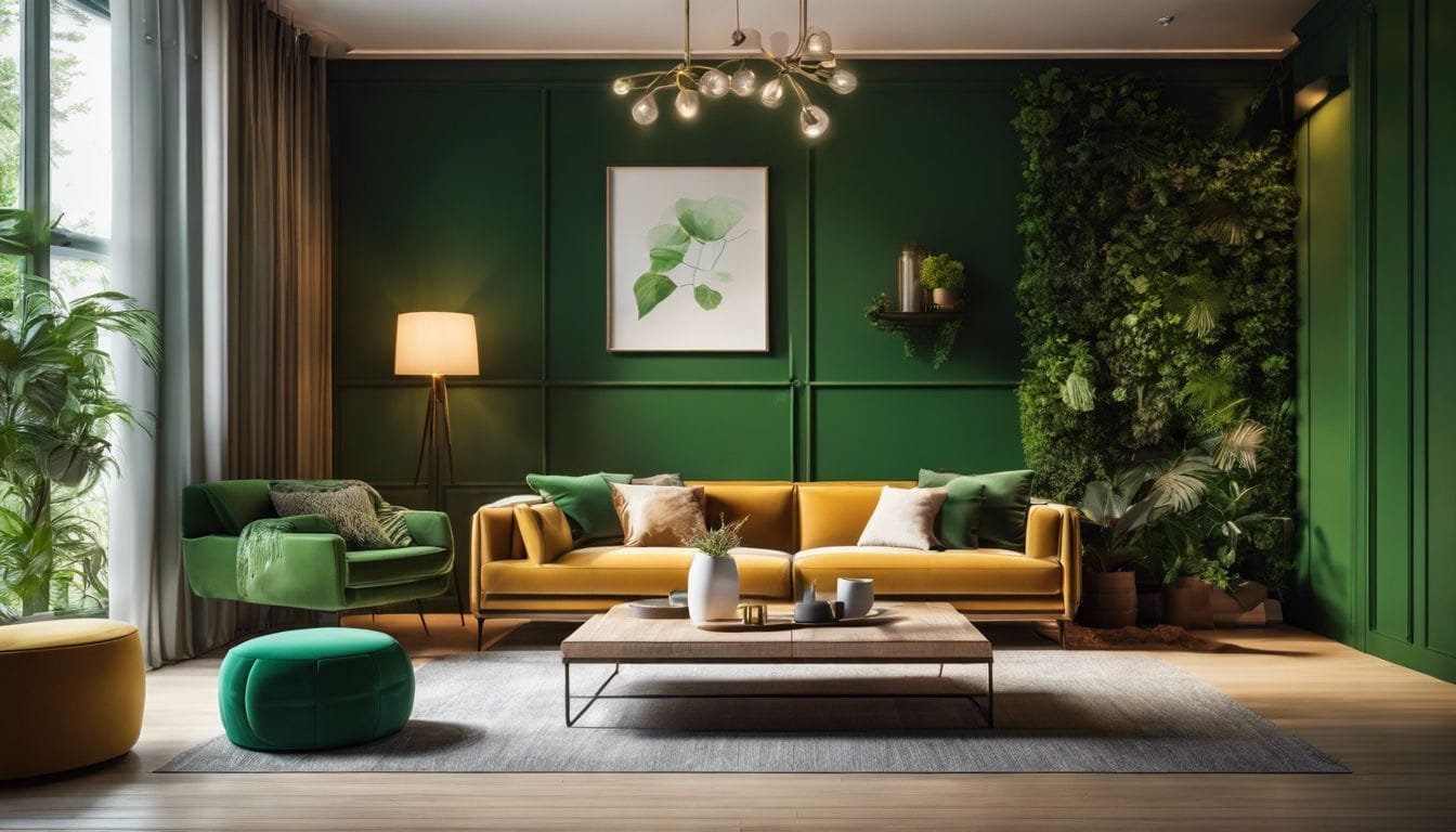 Een comfortabele woonkamer met levendige groene muur en gezellige meubels.