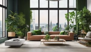 Een moderne woonkamer met tien groene planten die de harmonie tussen natuur en stedelijk leven laten zien.