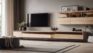 Een stijlvolle, ruime woonkamerkast omringd door eigentijdse meubels.