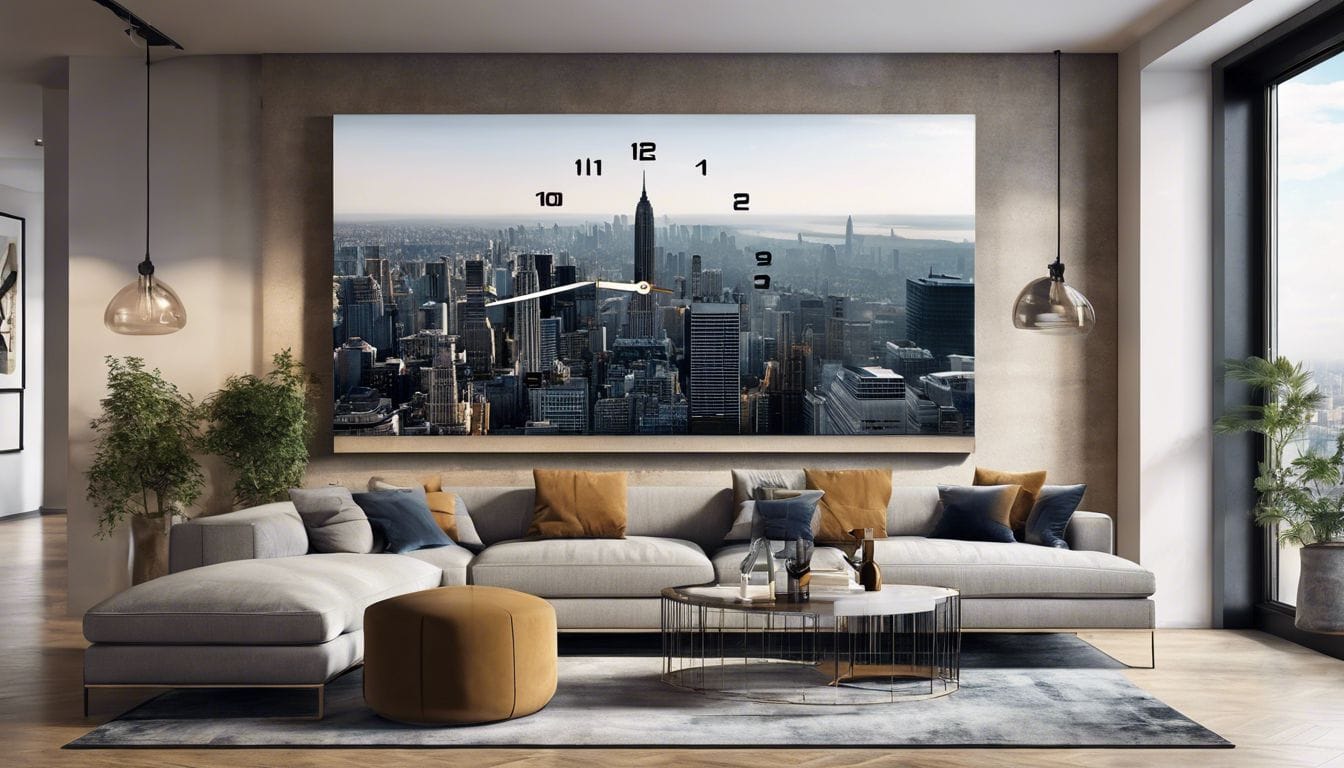 Een stijlvolle wandklok in een modern interieur met stadsgezicht.