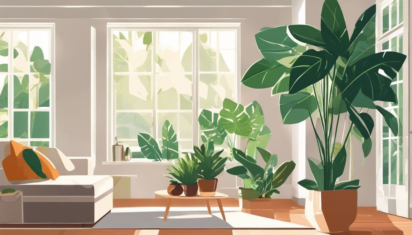 Een weelderige kamerplant in een goed verlichte woonkamer, met zonnestralen die door het raam schijnen.