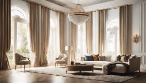 Elegante gordijnen hangen in een zonverlichte woonkamer.