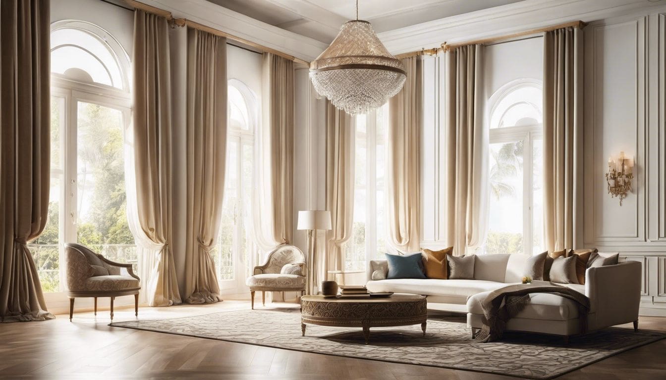 Elegante gordijnen hangen in een zonverlichte woonkamer.