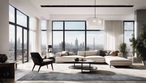 Moderne woonkamer met minimalistische inrichting en stadsgezicht.