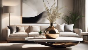 Een grote, luxe vaas als middelpunt op een eenvoudige salontafel in een elegant interieur.