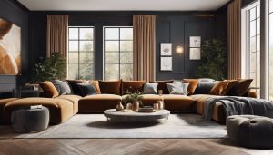 Een comfortabele woonkamer met oversized meubels en luxe stoffen.