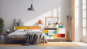 Een verfbus en penseel op een halfgeverfde muur in een interieur.