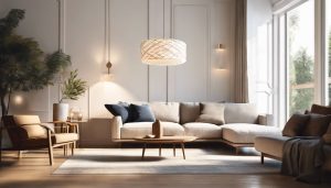 Een moderne, stijlvolle hanglamp verlicht een knusse woonkamer.