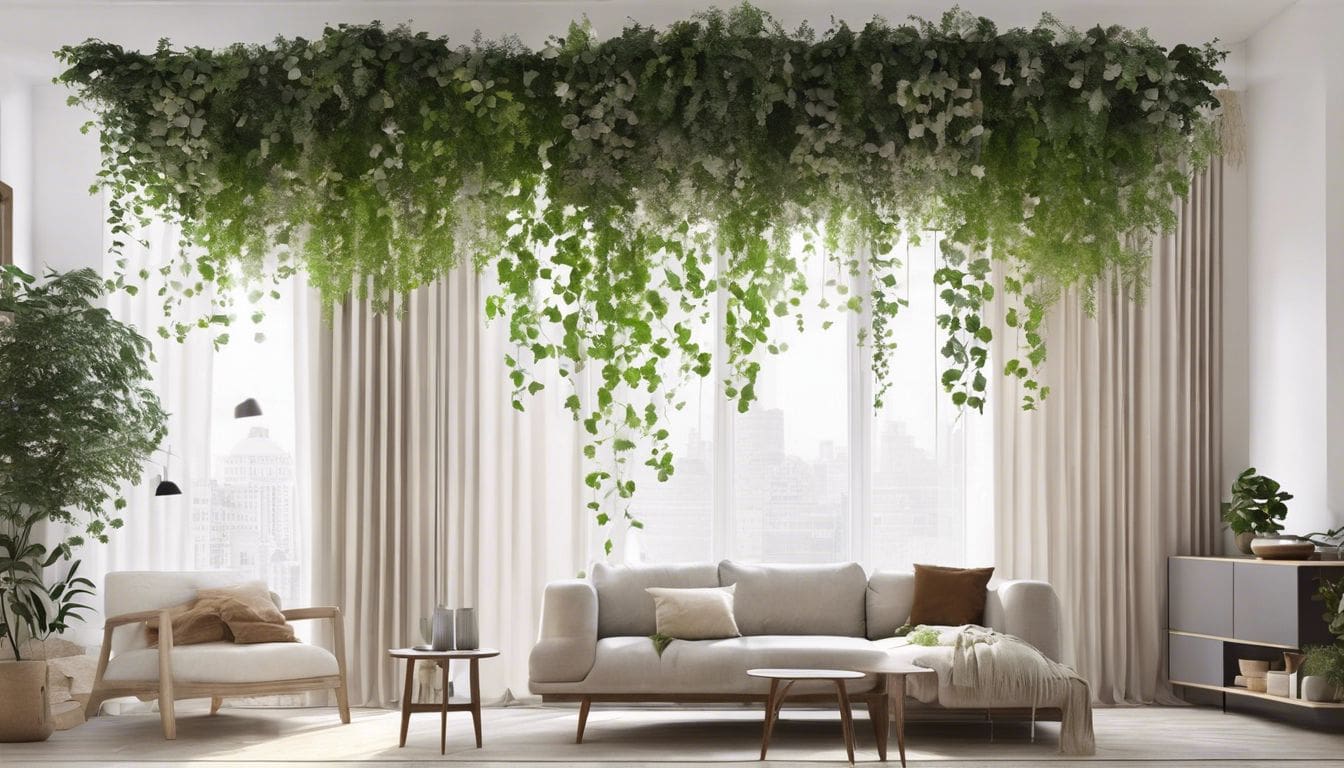 Stijlvolle hangende planten in goed verlichte woonkamer.