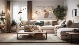 Een comfortabele kleine hoekbank in een mooi georganiseerde woonkamer met stijlvolle decoraties.