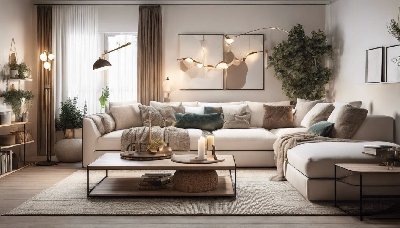 Een comfortabele kleine hoekbank in een mooi georganiseerde woonkamer met stijlvolle decoraties.