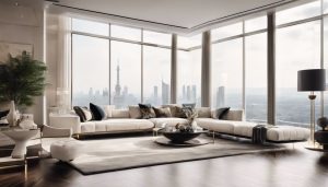 Een luxueuze woonkamer met elegant meubilair en een panoramisch uitzicht.