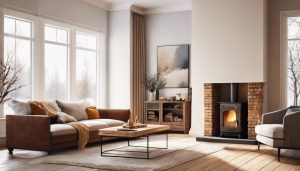 Een gezellige woonkamer met een knetterend haardvuur en stijlvolle meubels.