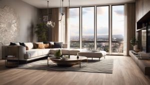 Elegante hout-look tegels in moderne woonkamer met stadsgezicht.