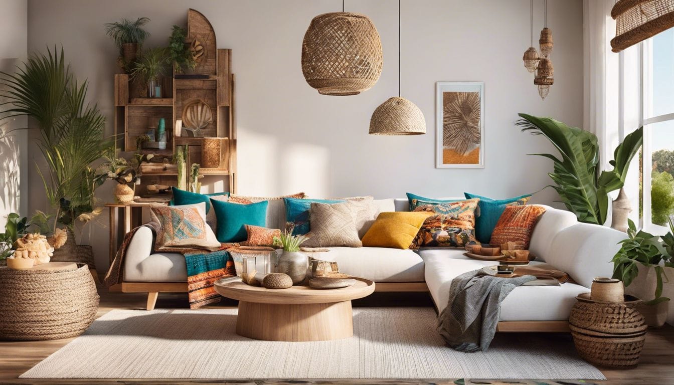 Een uitnodigende woonkamer met Ibiza-stijl decoratie en gezellig meubilair.